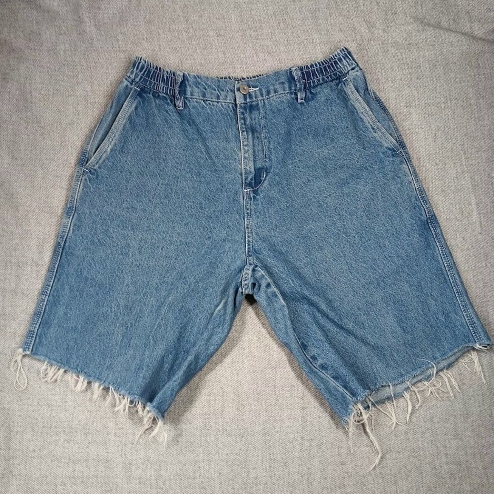 WKND Bermuda Shorts Mens Large Blue Denim Elastic Waist Raw‎ Hem Relaxed Casual